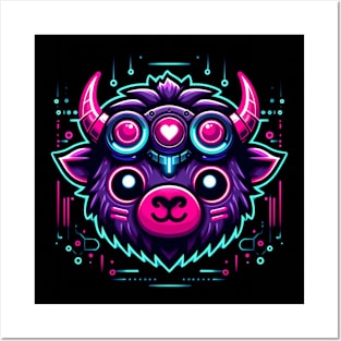 neon cyberpunk bison graphic Posters and Art